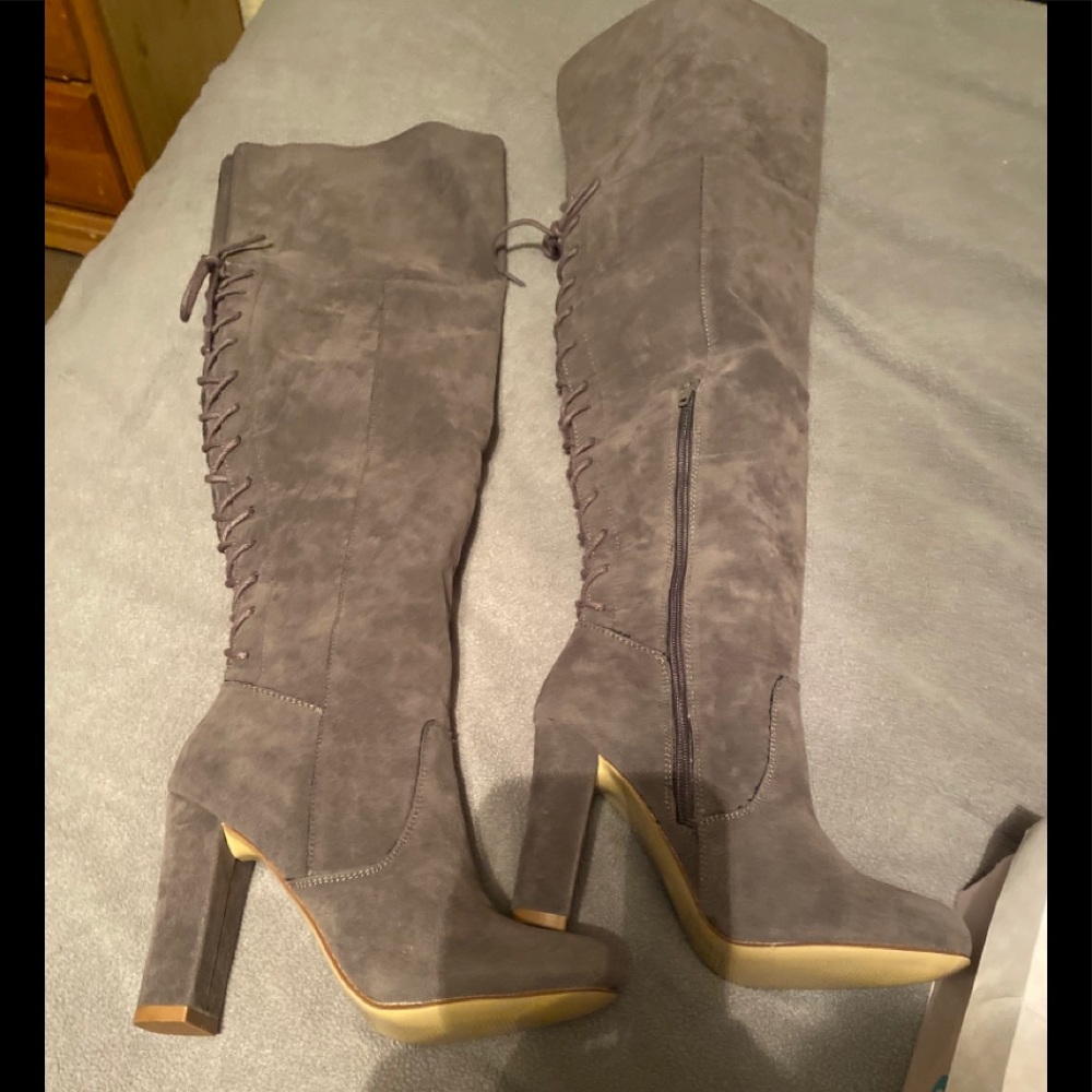 New grey back lace up thigh high boots